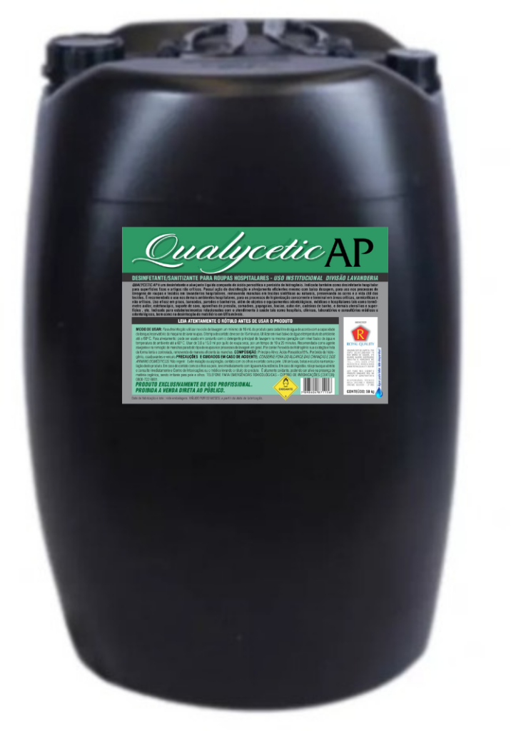 Ilustra o produto descrito na página. É uma bombona de 50 litros do produto Qualycetic AP Desinfetante.